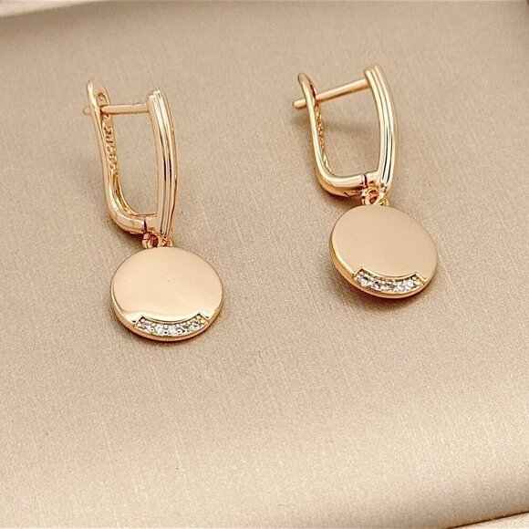 NWT Round Charm Drop Huggie Earrings 14K Rose Gold Plated CZ Pave Minimalist - Picture 1 of 10